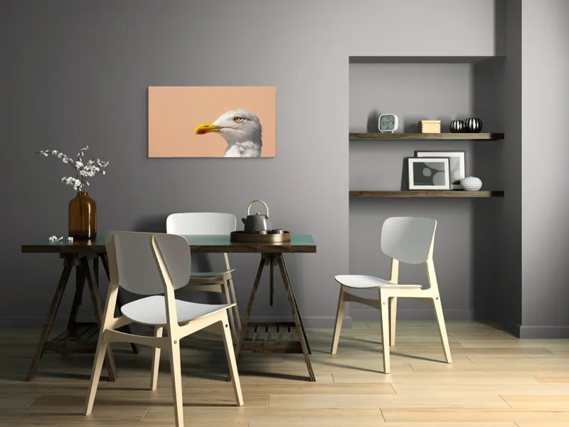 Tablou Canvas, "Pescărușul și privirea sa liniștită", Pescăruș, Cioc, Penaj, Ochi, Fundal, Cer, Liniște, Observație, 90 x 50 cm – poza 3