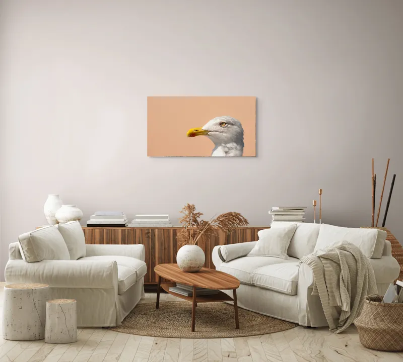 Tablou Canvas, "Pescărușul și privirea sa liniștită", Pescăruș, Cioc, Penaj, Ochi, Fundal, Cer, Liniște, Observație, 90 x 50 cm – poza 4