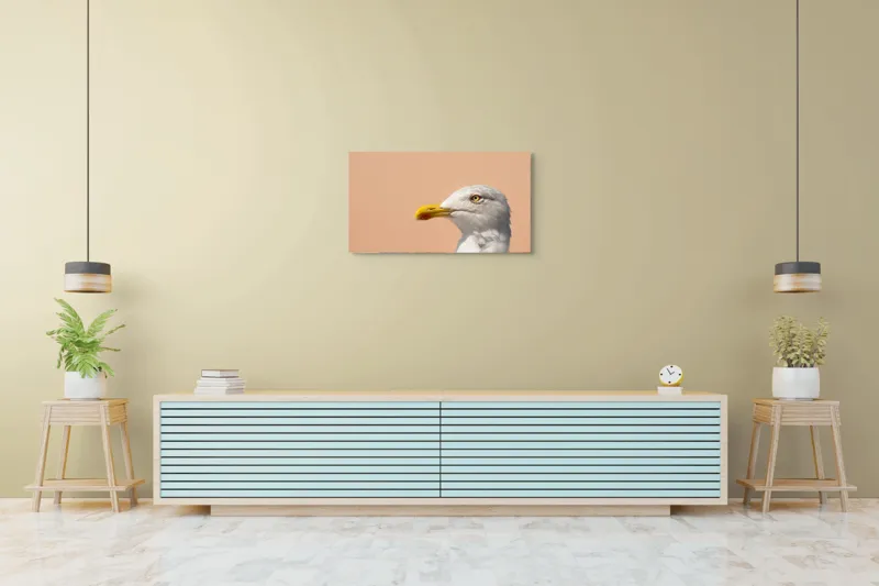 Tablou Canvas, "Pescărușul și privirea sa liniștită", Pescăruș, Cioc, Penaj, Ochi, Fundal, Cer, Liniște, Observație, 90 x 50 cm – poza 5