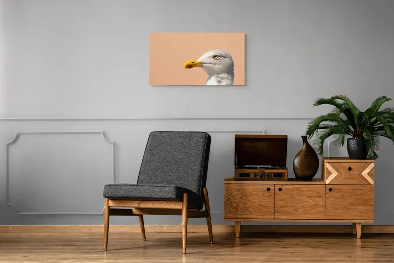 Tablou Canvas, "Pescărușul și privirea sa liniștită", Pescăruș, Cioc, Penaj, Ochi, Fundal, Cer, Liniște, Observație, 90 x 50 cm – poza 6