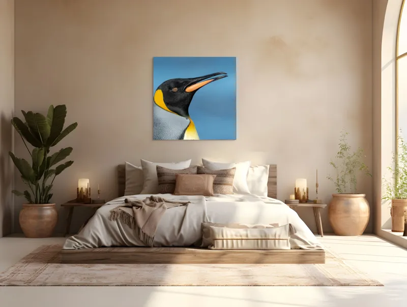 Tablou Canvas, "Pinguin regal în profil elegant", Pinguin, Portocaliu, Negru, Gri, Galben, Ocean, Contrast, Eleganță, Serenitate, 100 x 100 cm – poza 4