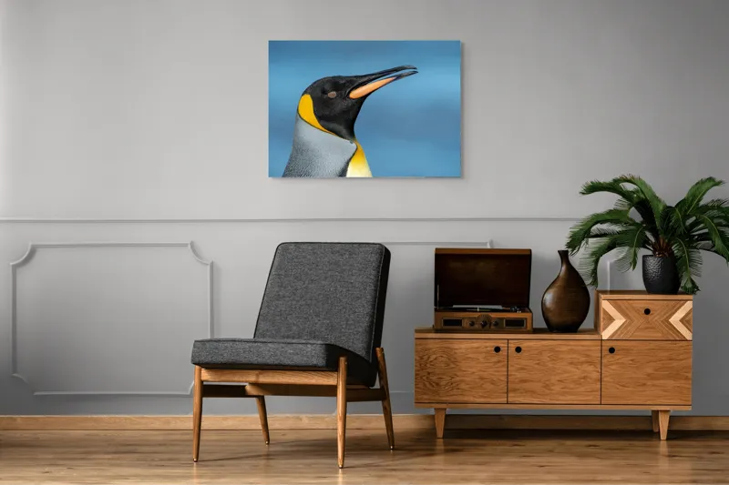 Tablou Canvas, "Pinguin regal în profil elegant", Pinguin, Portocaliu, Negru, Gri, Galben, Ocean, Contrast, Eleganță, Serenitate, 100 x 70 cm – poza 8