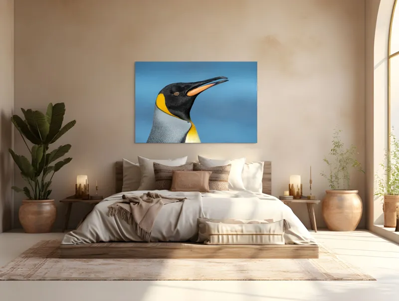 Tablou Canvas, "Pinguin regal în profil elegant", Pinguin, Portocaliu, Negru, Gri, Galben, Ocean, Contrast, Eleganță, Serenitate, 150 x 100 cm – poza 4