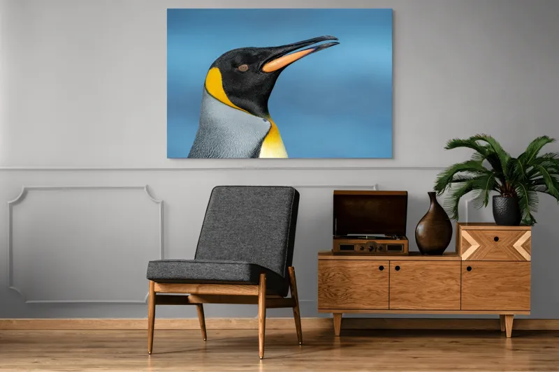 Tablou Canvas, "Pinguin regal în profil elegant", Pinguin, Portocaliu, Negru, Gri, Galben, Ocean, Contrast, Eleganță, Serenitate, 150 x 100 cm – poza 8