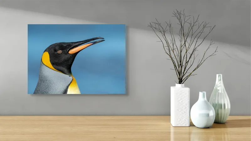 Tablou Canvas, "Pinguin regal în profil elegant", Pinguin, Portocaliu, Negru, Gri, Galben, Ocean, Contrast, Eleganță, Serenitate, 54 x 39 cm – poza 3
