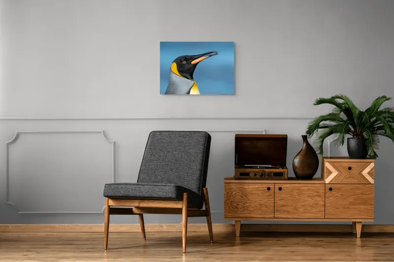 Tablou Canvas, "Pinguin regal în profil elegant", Pinguin, Portocaliu, Negru, Gri, Galben, Ocean, Contrast, Eleganță, Serenitate, 70 x 50 cm – poza 4