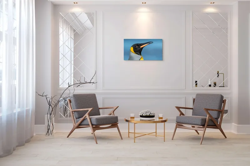 Tablou Canvas, "Pinguin regal în profil elegant", Pinguin, Portocaliu, Negru, Gri, Galben, Ocean, Contrast, Eleganță, Serenitate, 90 x 50 cm – poza 7