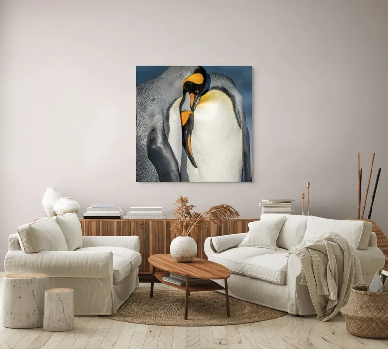 Tablou Canvas, "Îmbrățișarea pinguinilor împărătești", Penguins, Tenderness, Connection, Intimacy, Nature, Affection, 100 x 100 cm – poza 3