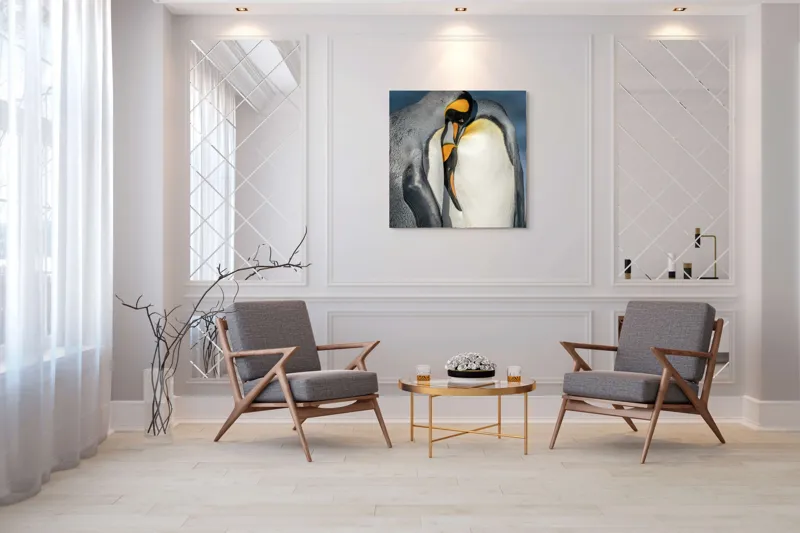 Tablou Canvas, "Îmbrățișarea pinguinilor împărătești", Penguins, Tenderness, Connection, Intimacy, Nature, Affection, 100 x 100 cm – poza 7