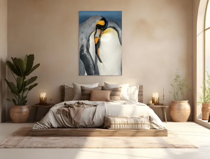 Tablou Canvas, "Îmbrățișarea pinguinilor împărătești", Penguins, Tenderness, Connection, Intimacy, Nature, Affection, 100 x 150 cm – poza 3