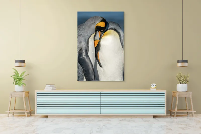 Tablou Canvas, "Îmbrățișarea pinguinilor împărătești", Penguins, Tenderness, Connection, Intimacy, Nature, Affection, 100 x 150 cm – poza 4