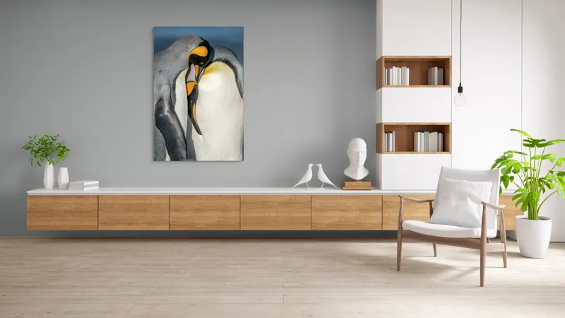 Tablou Canvas, "Îmbrățișarea pinguinilor împărătești", Penguins, Tenderness, Connection, Intimacy, Nature, Affection, 100 x 150 cm – poza 8