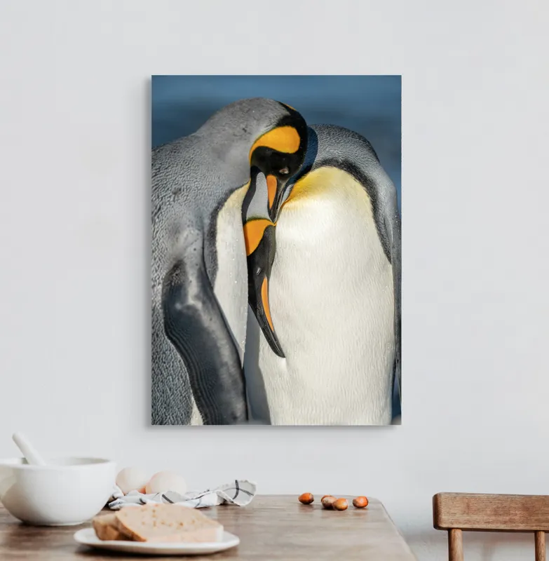 Tablou Canvas, "Îmbrățișarea pinguinilor împărătești", Penguins, Tenderness, Connection, Intimacy, Nature, Affection, 50 x 70 cm – poza 3