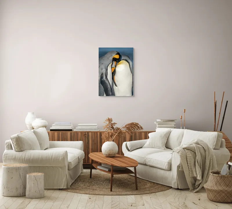 Tablou Canvas, "Îmbrățișarea pinguinilor împărătești", Penguins, Tenderness, Connection, Intimacy, Nature, Affection, 50 x 70 cm – poza 4