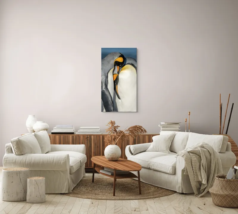 Tablou Canvas, "Îmbrățișarea pinguinilor împărătești", Penguins, Tenderness, Connection, Intimacy, Nature, Affection, 50 x 90 cm – poza 7