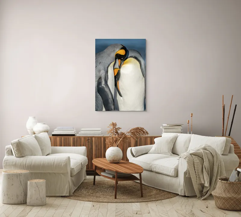 Tablou Canvas, "Îmbrățișarea pinguinilor împărătești", Penguins, Tenderness, Connection, Intimacy, Nature, Affection, 70 x 100 cm – poza 4