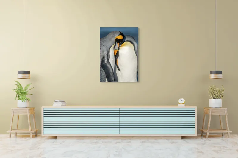 Tablou Canvas, "Îmbrățișarea pinguinilor împărătești", Penguins, Tenderness, Connection, Intimacy, Nature, Affection, 70 x 100 cm – poza 5