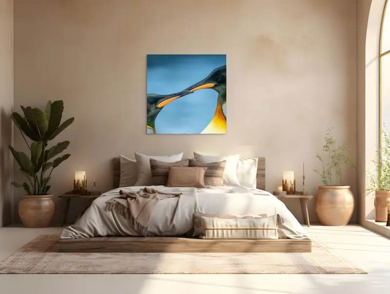 Tablou Canvas, "Întâlnirea sufletelor sub cerul arctic", Pinguini, Afecțiune, Colorat, Apropiere, Ocean, Eleganță, Grație, Natură, Serenitate, Armonie., 100 x 100 cm – poza 4