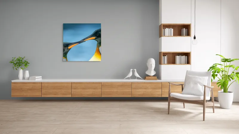 Tablou Canvas, "Întâlnirea sufletelor sub cerul arctic", Pinguini, Afecțiune, Colorat, Apropiere, Ocean, Eleganță, Grație, Natură, Serenitate, Armonie., 100 x 100 cm – poza 8