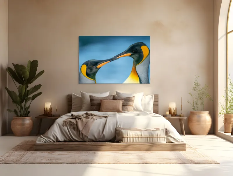Tablou Canvas, "Întâlnirea sufletelor sub cerul arctic", Pinguini, Afecțiune, Colorat, Apropiere, Ocean, Eleganță, Grație, Natură, Serenitate, Armonie., 150 x 100 cm – poza 4