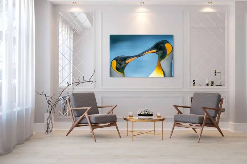 Tablou Canvas, "Întâlnirea sufletelor sub cerul arctic", Pinguini, Afecțiune, Colorat, Apropiere, Ocean, Eleganță, Grație, Natură, Serenitate, Armonie., 150 x 100 cm – poza 7