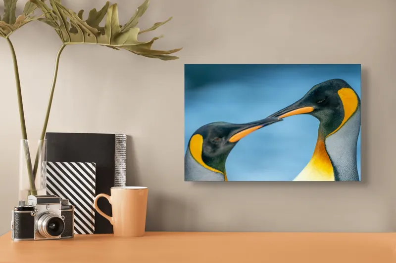 Tablou Canvas, "Întâlnirea sufletelor sub cerul arctic", Pinguini, Afecțiune, Colorat, Apropiere, Ocean, Eleganță, Grație, Natură, Serenitate, Armonie., 39 x 26 cm – poza 3
