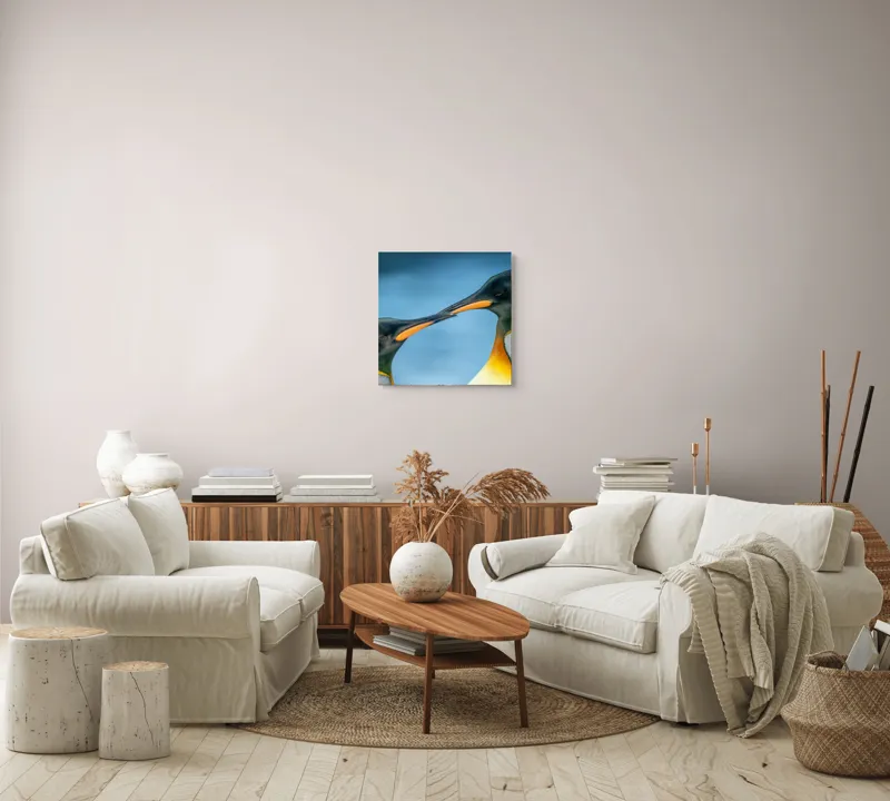 Tablou Canvas, "Întâlnirea sufletelor sub cerul arctic", Pinguini, Afecțiune, Colorat, Apropiere, Ocean, Eleganță, Grație, Natură, Serenitate, Armonie., 50 x 50 cm – poza 7