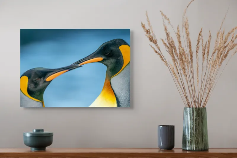 Tablou Canvas, "Întâlnirea sufletelor sub cerul arctic", Pinguini, Afecțiune, Colorat, Apropiere, Ocean, Eleganță, Grație, Natură, Serenitate, Armonie., 54 x 39 cm – poza 4