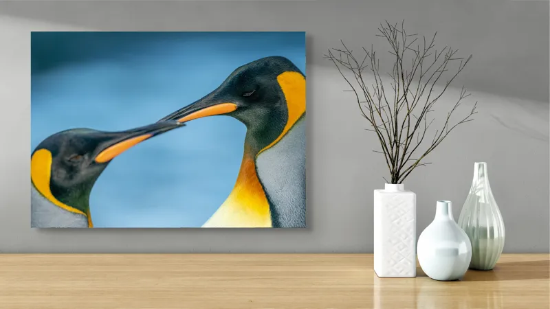 Tablou Canvas, "Întâlnirea sufletelor sub cerul arctic", Pinguini, Afecțiune, Colorat, Apropiere, Ocean, Eleganță, Grație, Natură, Serenitate, Armonie., 70 x 50 cm – poza 3