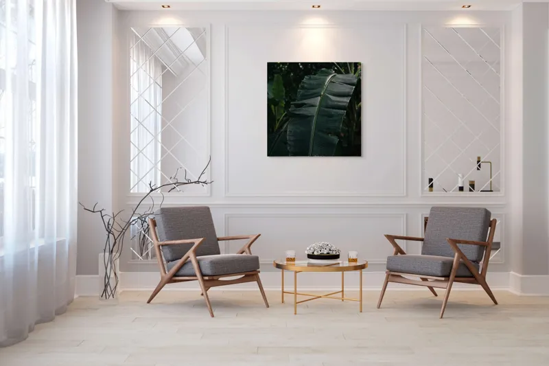 Tablou Canvas, "Frunze de bananier în umbră densă", Frunze, Verde, Textură, Umbre, Natură, Lumină, Tropical, Detalii, 100 x 100 cm – poza 7