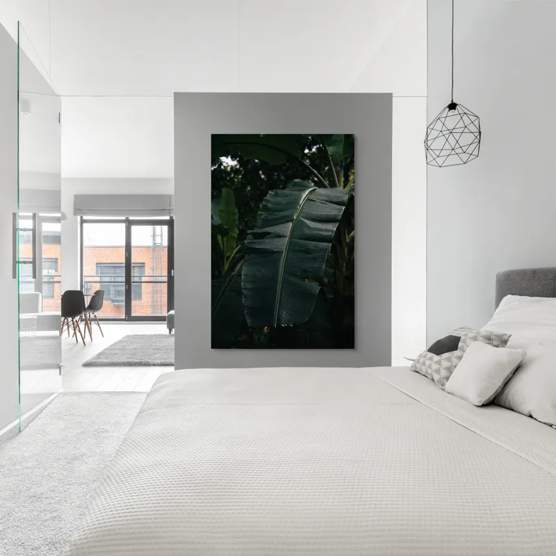 Tablou Canvas, "Frunze de bananier în umbră densă", Frunze, Verde, Textură, Umbre, Natură, Lumină, Tropical, Detalii, 100 x 150 cm – poza 5