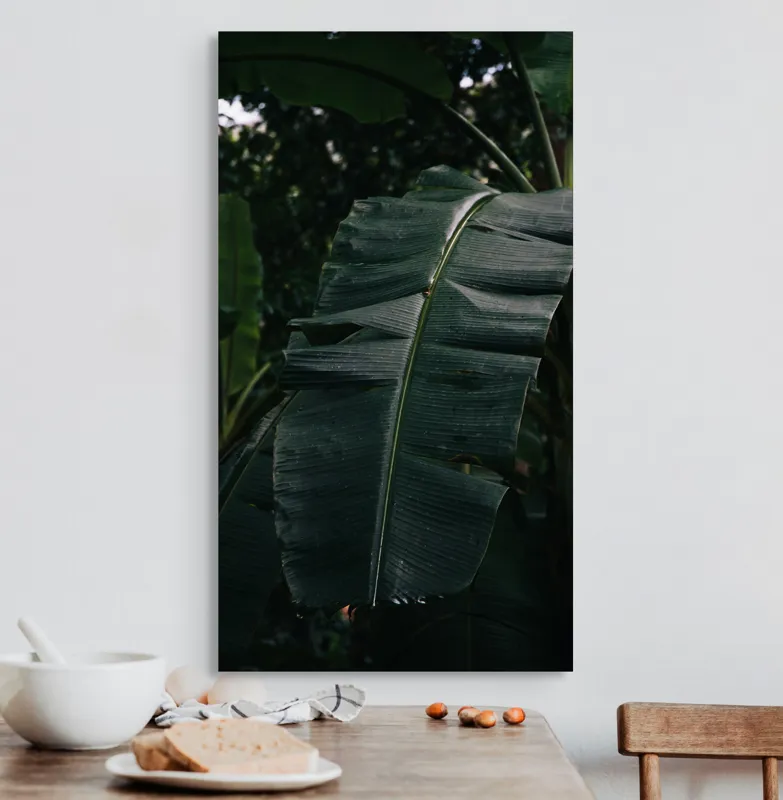 Tablou Canvas, "Frunze de bananier în umbră densă", Frunze, Verde, Textură, Umbre, Natură, Lumină, Tropical, Detalii, 50 x 90 cm – poza 3