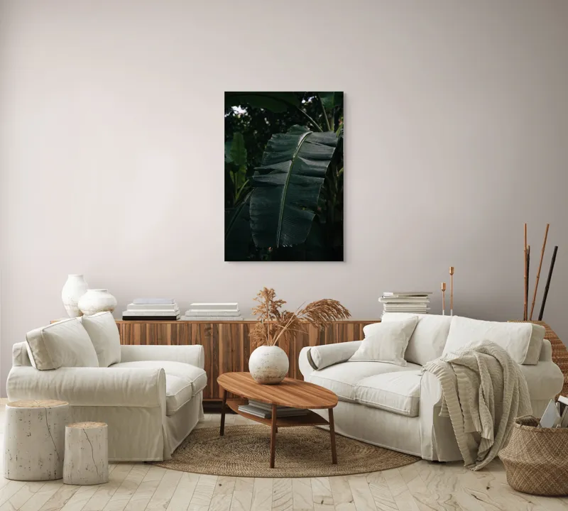Tablou Canvas, "Frunze de bananier în umbră densă", Frunze, Verde, Textură, Umbre, Natură, Lumină, Tropical, Detalii, 70 x 100 cm – poza 4