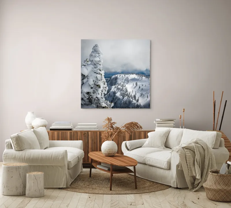 Tablou Canvas, "Alburiile munți sub cer înnorat", Alb, Puritate, Calm, Rece, Înălțime, Cer, Nori, Liniște, 100 x 100 cm – poza 3