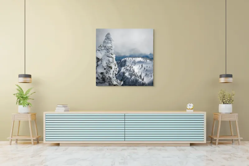 Tablou Canvas, "Alburiile munți sub cer înnorat", Alb, Puritate, Calm, Rece, Înălțime, Cer, Nori, Liniște, 100 x 100 cm – poza 5