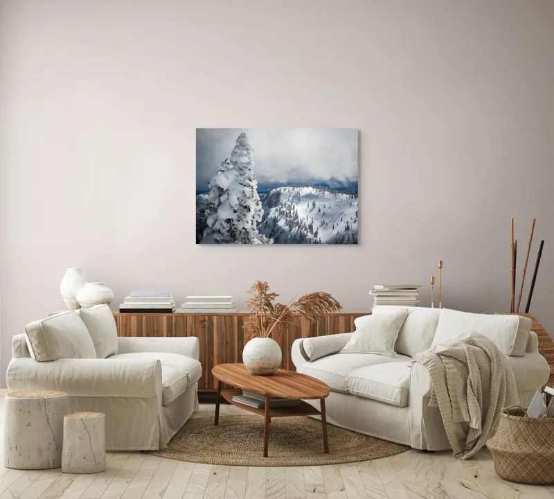Tablou Canvas, "Alburiile munți sub cer înnorat", Alb, Puritate, Calm, Rece, Înălțime, Cer, Nori, Liniște, 100 x 70 cm – poza 3