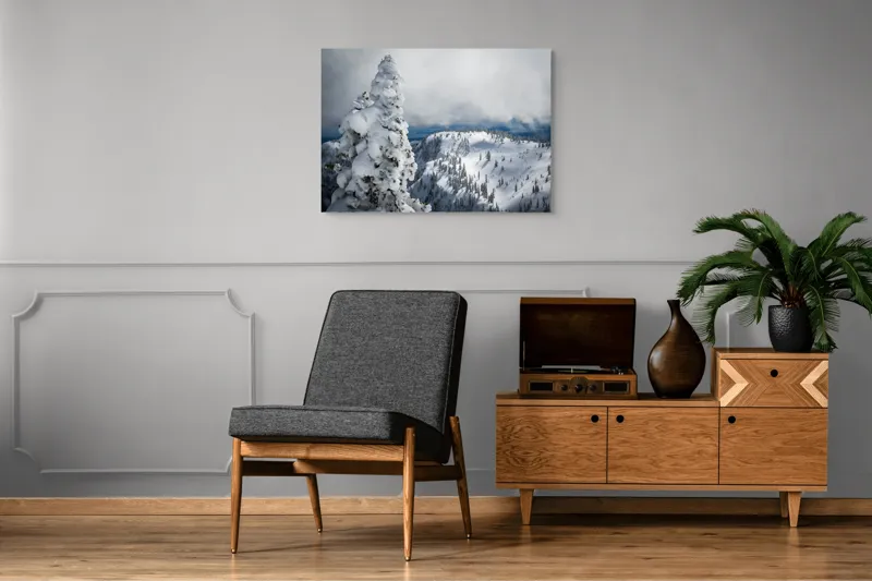 Tablou Canvas, "Alburiile munți sub cer înnorat", Alb, Puritate, Calm, Rece, Înălțime, Cer, Nori, Liniște, 100 x 70 cm – poza 8
