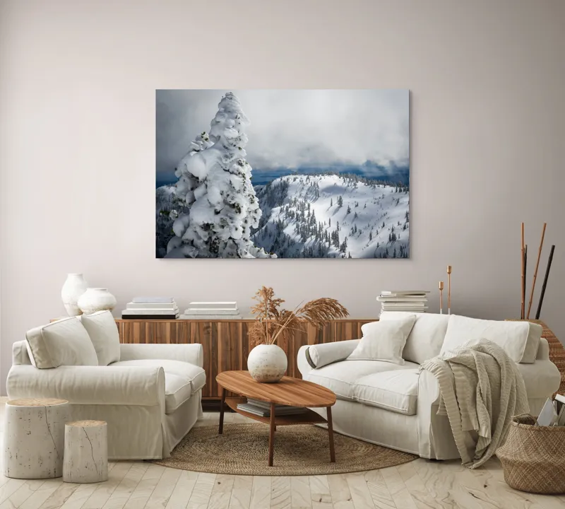 Tablou Canvas, "Alburiile munți sub cer înnorat", Alb, Puritate, Calm, Rece, Înălțime, Cer, Nori, Liniște, 150 x 100 cm – poza 3