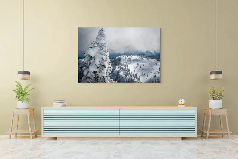 Tablou Canvas, "Alburiile munți sub cer înnorat", Alb, Puritate, Calm, Rece, Înălțime, Cer, Nori, Liniște, 150 x 100 cm – poza 6