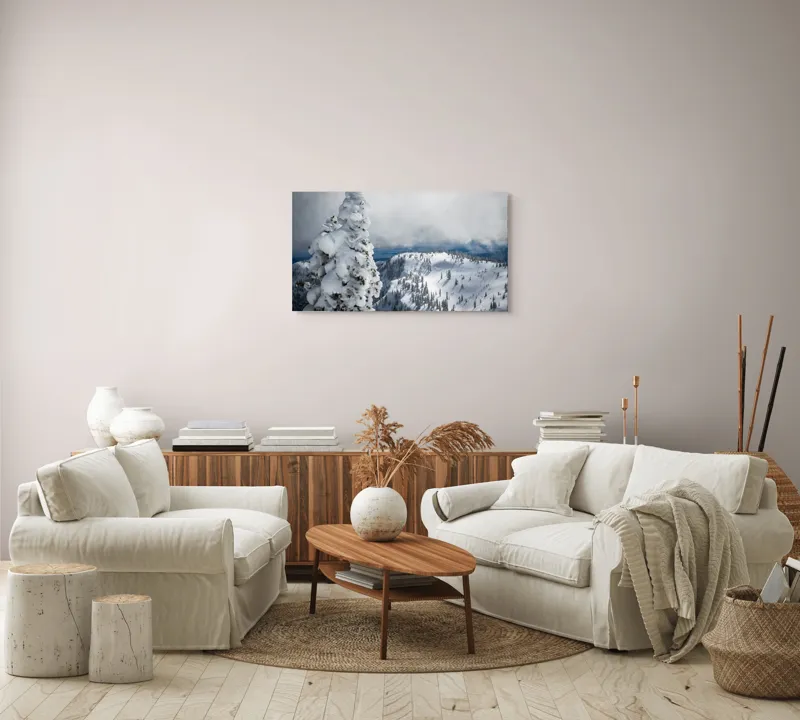 Tablou Canvas, "Alburiile munți sub cer înnorat", Alb, Puritate, Calm, Rece, Înălțime, Cer, Nori, Liniște, 90 x 50 cm – poza 4