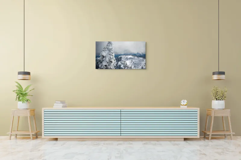 Tablou Canvas, "Alburiile munți sub cer înnorat", Alb, Puritate, Calm, Rece, Înălțime, Cer, Nori, Liniște, 90 x 50 cm – poza 5
