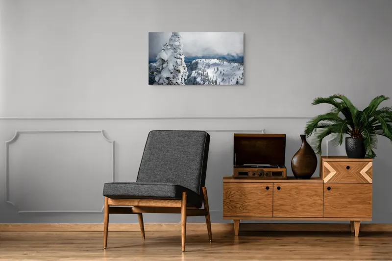 Tablou Canvas, "Alburiile munți sub cer înnorat", Alb, Puritate, Calm, Rece, Înălțime, Cer, Nori, Liniște, 90 x 50 cm – poza 6