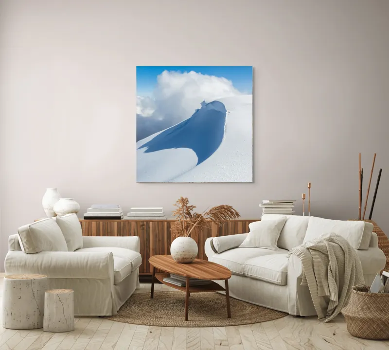 Tablou Canvas, "Dansul liniștit al zăpezii alpine", Alb, Zăpadă, Cer, Nor, Umbre, Senin, Natură, 100 x 100 cm – poza 3
