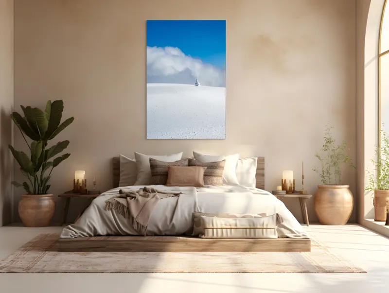 Tablou Canvas, "Singuratic în întinderea albă infinită", Zăpadă, Cer, Nori, Singurătate, Liniște, Puritate, Frig, Natură, Calm, Imensitate, 100 x 150 cm – poza 3