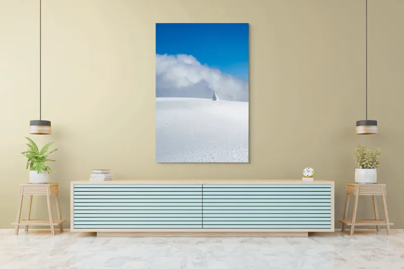 Tablou Canvas, "Singuratic în întinderea albă infinită", Zăpadă, Cer, Nori, Singurătate, Liniște, Puritate, Frig, Natură, Calm, Imensitate, 100 x 150 cm – poza 4
