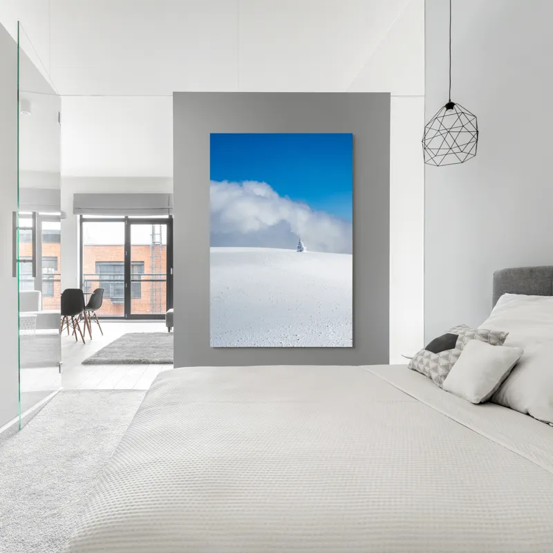 Tablou Canvas, "Singuratic în întinderea albă infinită", Zăpadă, Cer, Nori, Singurătate, Liniște, Puritate, Frig, Natură, Calm, Imensitate, 100 x 150 cm – poza 5