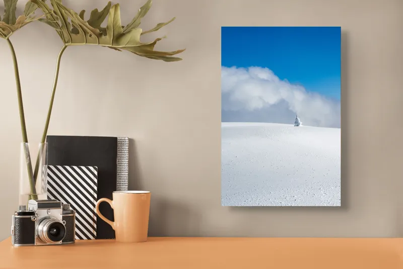 Tablou Canvas, "Singuratic în întinderea albă infinită", Zăpadă, Cer, Nori, Singurătate, Liniște, Puritate, Frig, Natură, Calm, Imensitate, 26 x 39 cm – poza 3