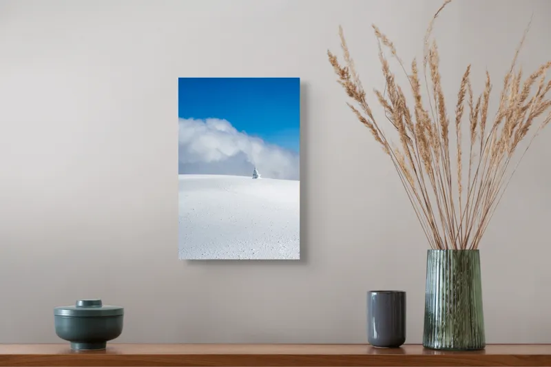 Tablou Canvas, "Singuratic în întinderea albă infinită", Zăpadă, Cer, Nori, Singurătate, Liniște, Puritate, Frig, Natură, Calm, Imensitate, 26 x 39 cm – poza 5