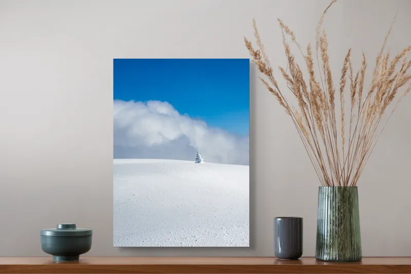 Tablou Canvas, "Singuratic în întinderea albă infinită", Zăpadă, Cer, Nori, Singurătate, Liniște, Puritate, Frig, Natură, Calm, Imensitate, 39 x 54 cm – poza 3