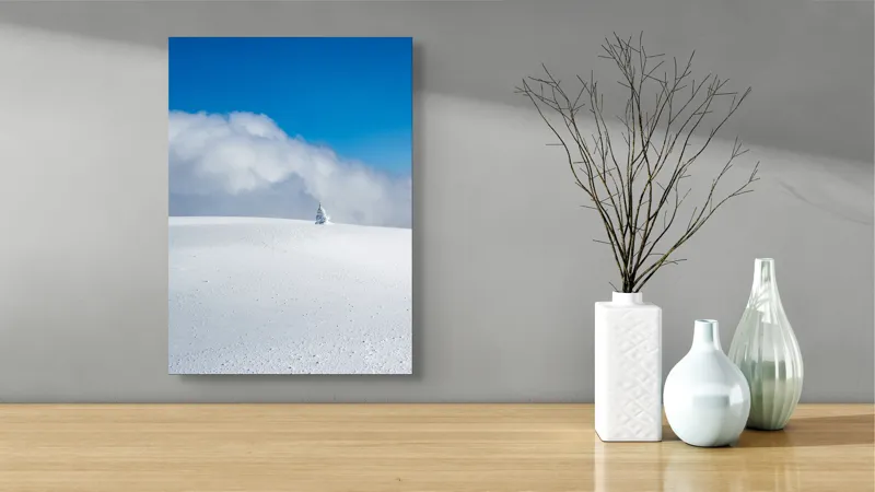 Tablou Canvas, "Singuratic în întinderea albă infinită", Zăpadă, Cer, Nori, Singurătate, Liniște, Puritate, Frig, Natură, Calm, Imensitate, 39 x 54 cm – poza 4
